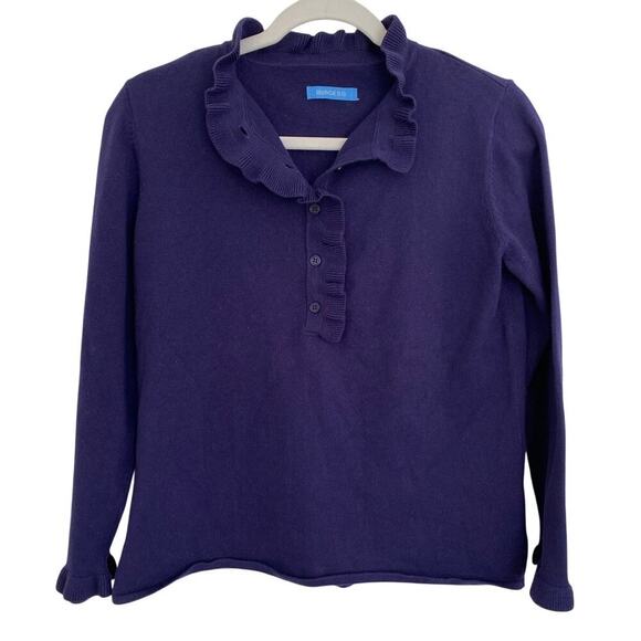 Burgess Cotton Cashmere Navvy Blue Ruffle Neck Sleeve Button Sweater Pullover - Picture 2 of 7